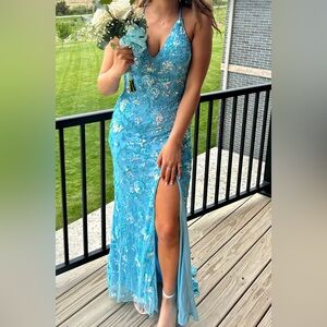 Primavera Couture Blue Beaded Prom Dress
